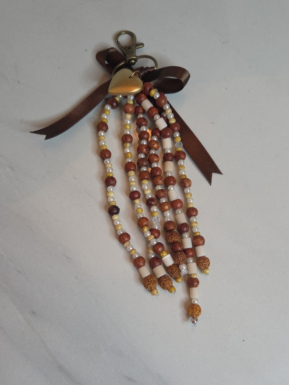 Multi-Strand Brown Beaded Bag Charm with Gold Heart